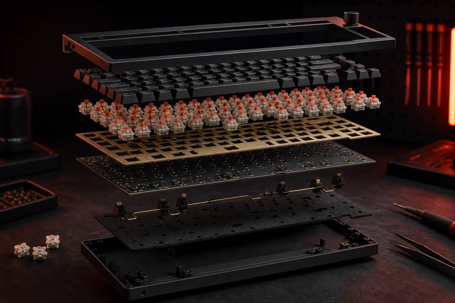 Exploded view of a mechanical keyboard showing its internal layers